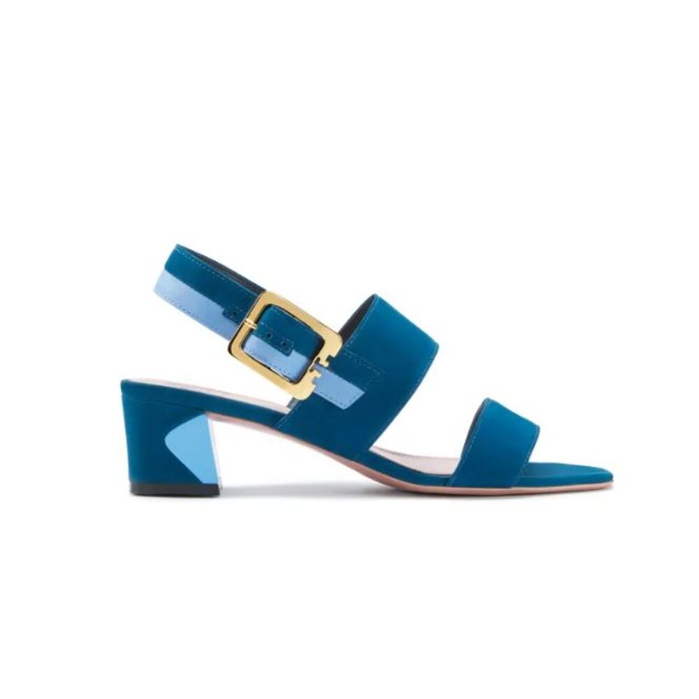 Tory Burch Teal and Light Blue Block Heel Sandals with Gold Buckle